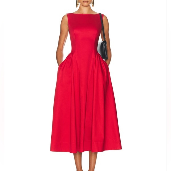 Helsa Stretch Cotton Sateen Midi Dress in Red - Picture 1 of 11